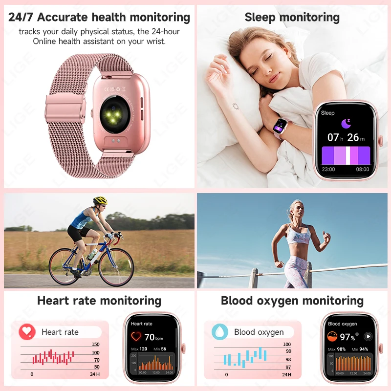 LIGE 2025 New Smart Watch 1.96" HD Display Bluetooth Voice Calling IP68 Waterproof Heart Rate Sleep Fitness Tracking Smartwatch