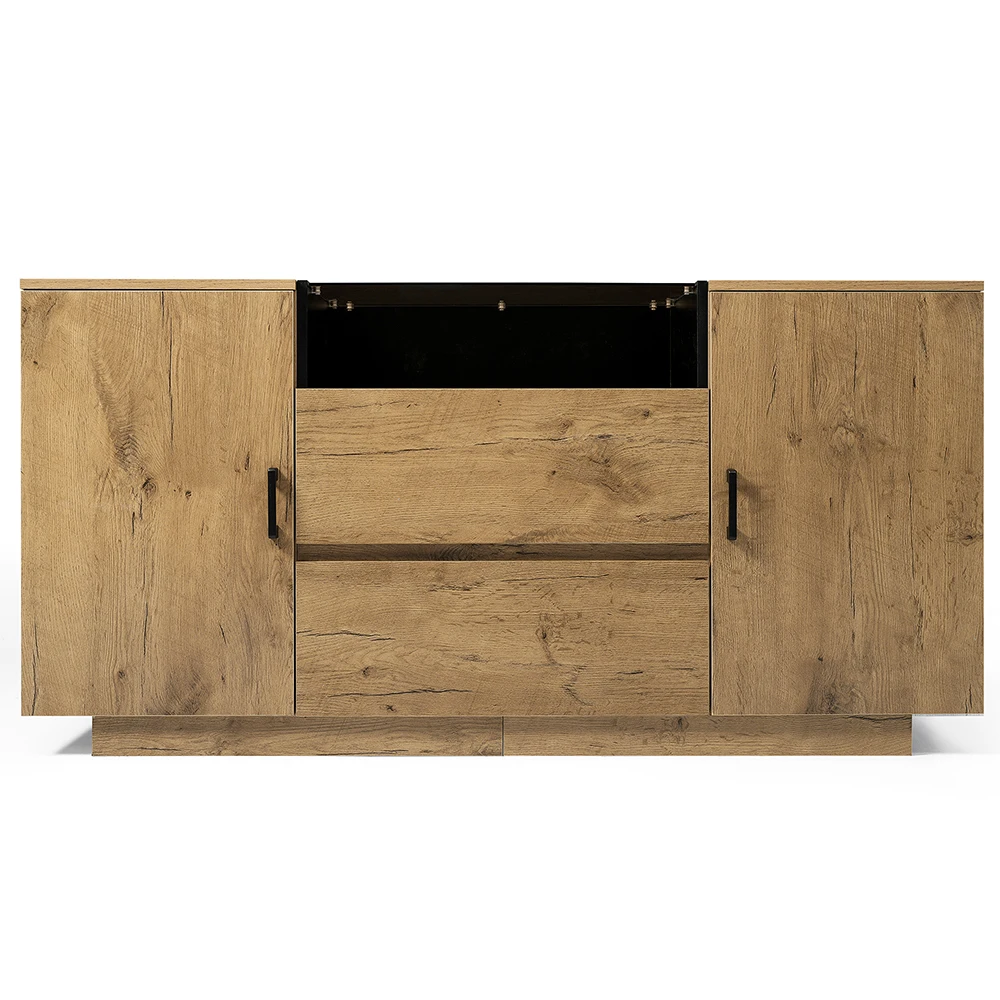 KOMHTOM Oak look dresser sideboard with 2 drawers + 2 cabinets open compartment, ESG glass and black handles