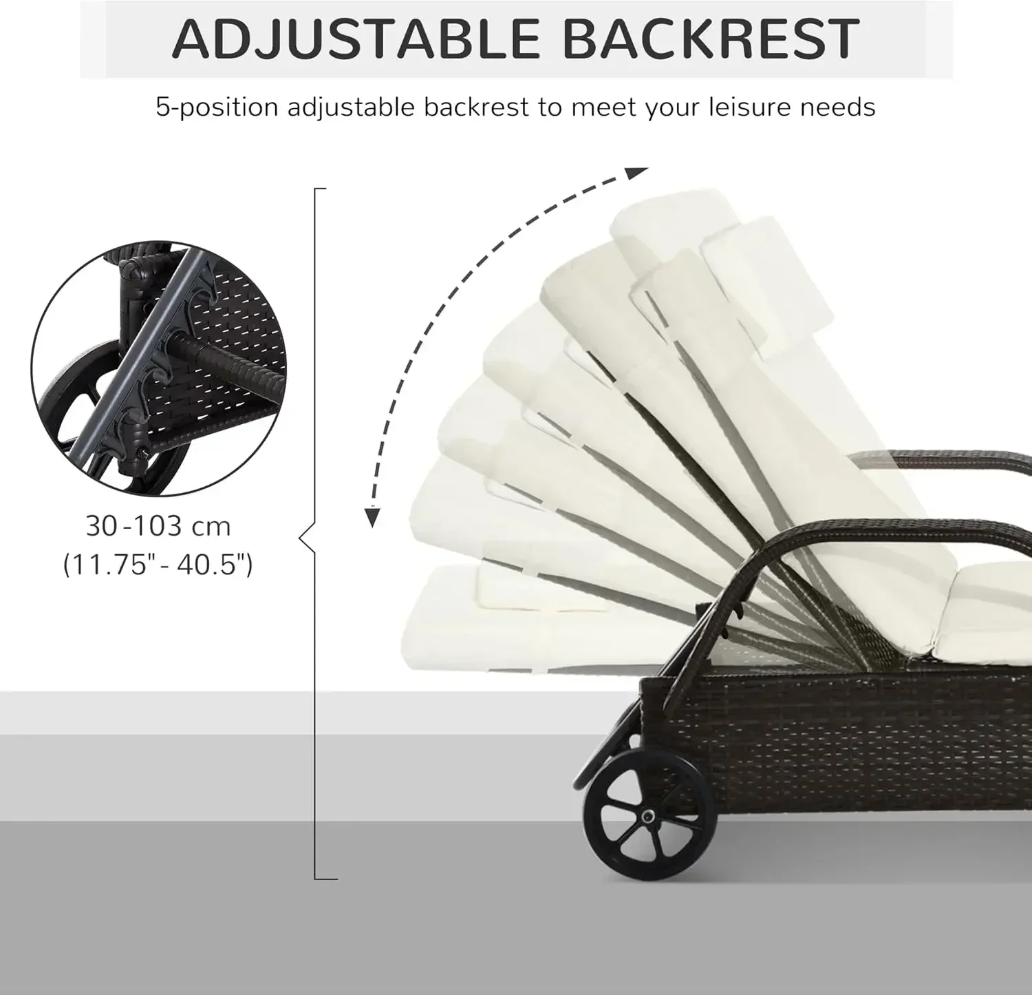 --NewWicker Outdoor Chaise Lounge,5-Level Adjustable Backrest PE Rattan Pool Lounge Chair with Wheels, Cushion & Headrest,Cre