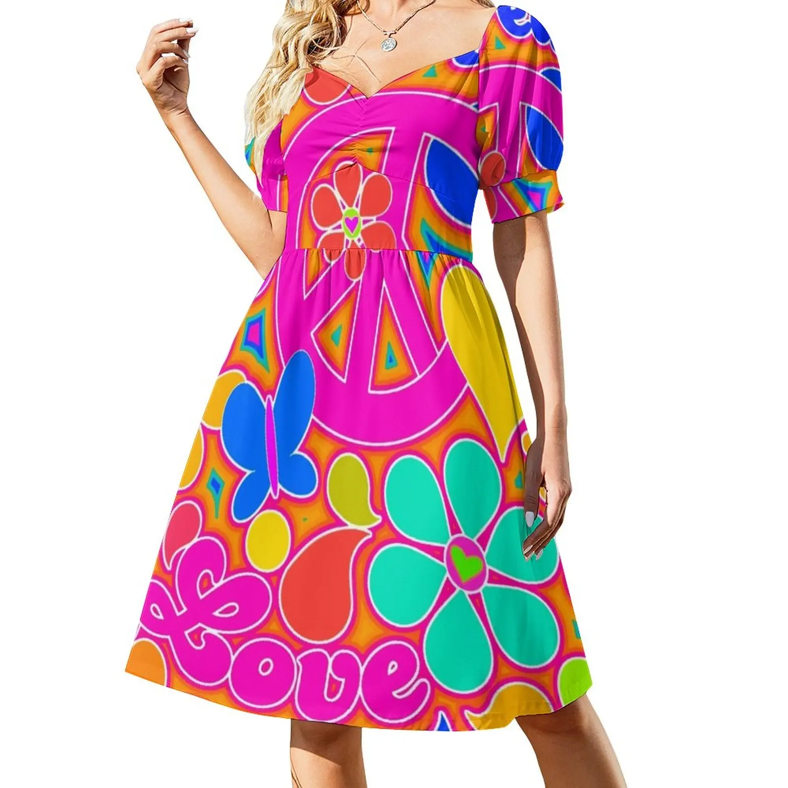 

Bright Pop Art Colorful Peace and Love Flower Power Art Sleeveless Dress dress for women 2023 dress korean style Dress woman