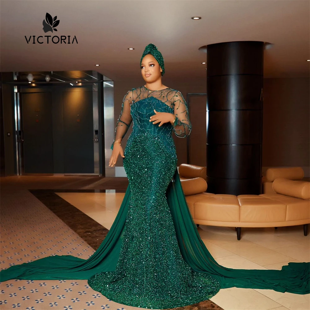

Hunter Green Beaded Mesh Long Sleeve Aso Ebi Evening Dresse African Mermaid Lace Ladies Dresses For Special Occasions vestido