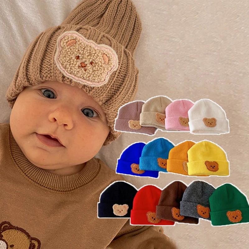 Cute Cartoon Bear Baby Beanie Hat Soft Winter Warm Newborn Boys Girls Caps Bonnet Solid Infant Toddler Kids Knitted Hat