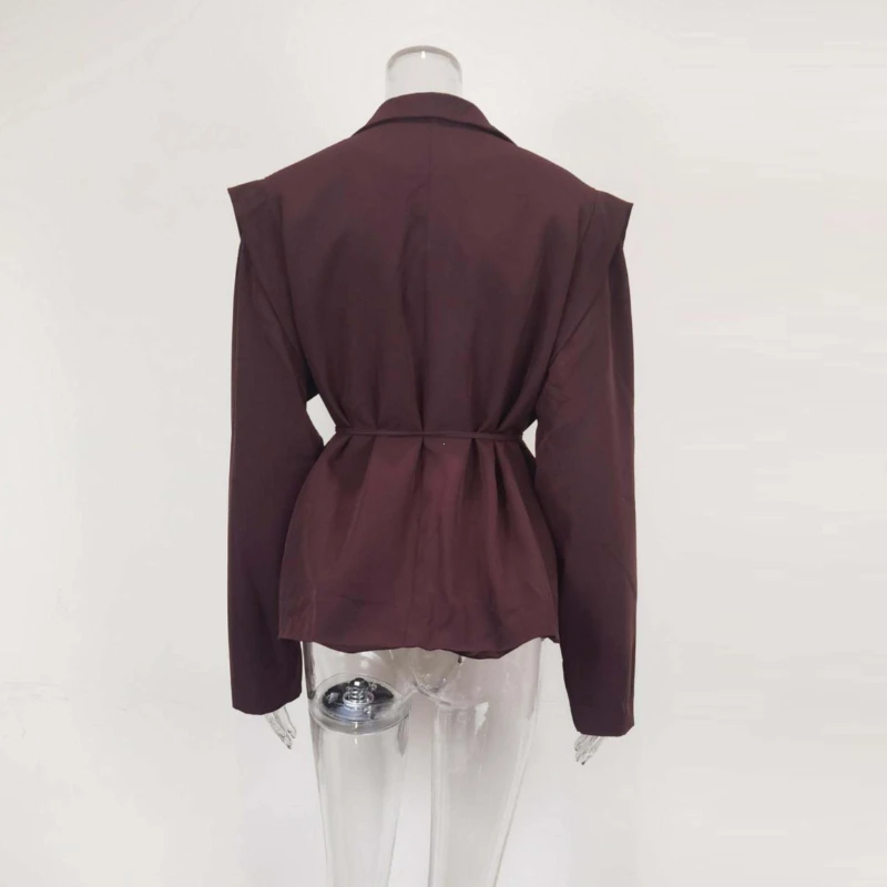 Lace Up Shoulder Pad Blazer Coat Women Elegant Turn-down Collar Long Sleeve Pockets Slim Fit Coats Chic Ladies Outerwear