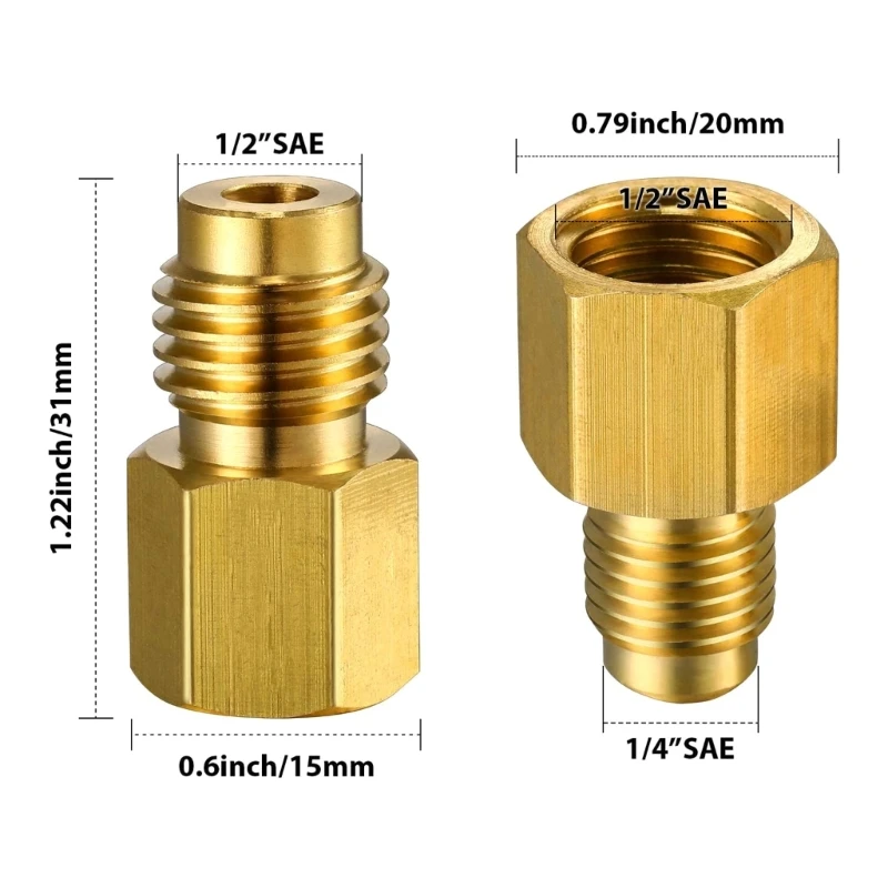 2 Stück 6015 R134A Messing-Kältemitteltank-Adapter auf R12-Fitting-Adapter, weiblich auf 1/4 männlich, Bördeladapter