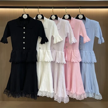 High-quality summer new women's lapel lace patchwork ruffle layered short-sleeved dress fashionable casual vacation A-line skirt 1