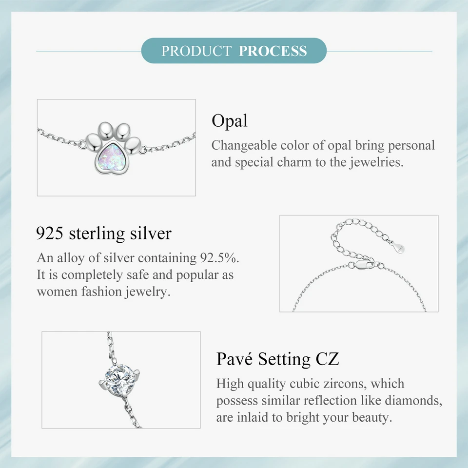 Sterling Silver Cut White Opal Cat Dog Paw Charm Bracelet For Women Fine Jewelry - PeticaDeals