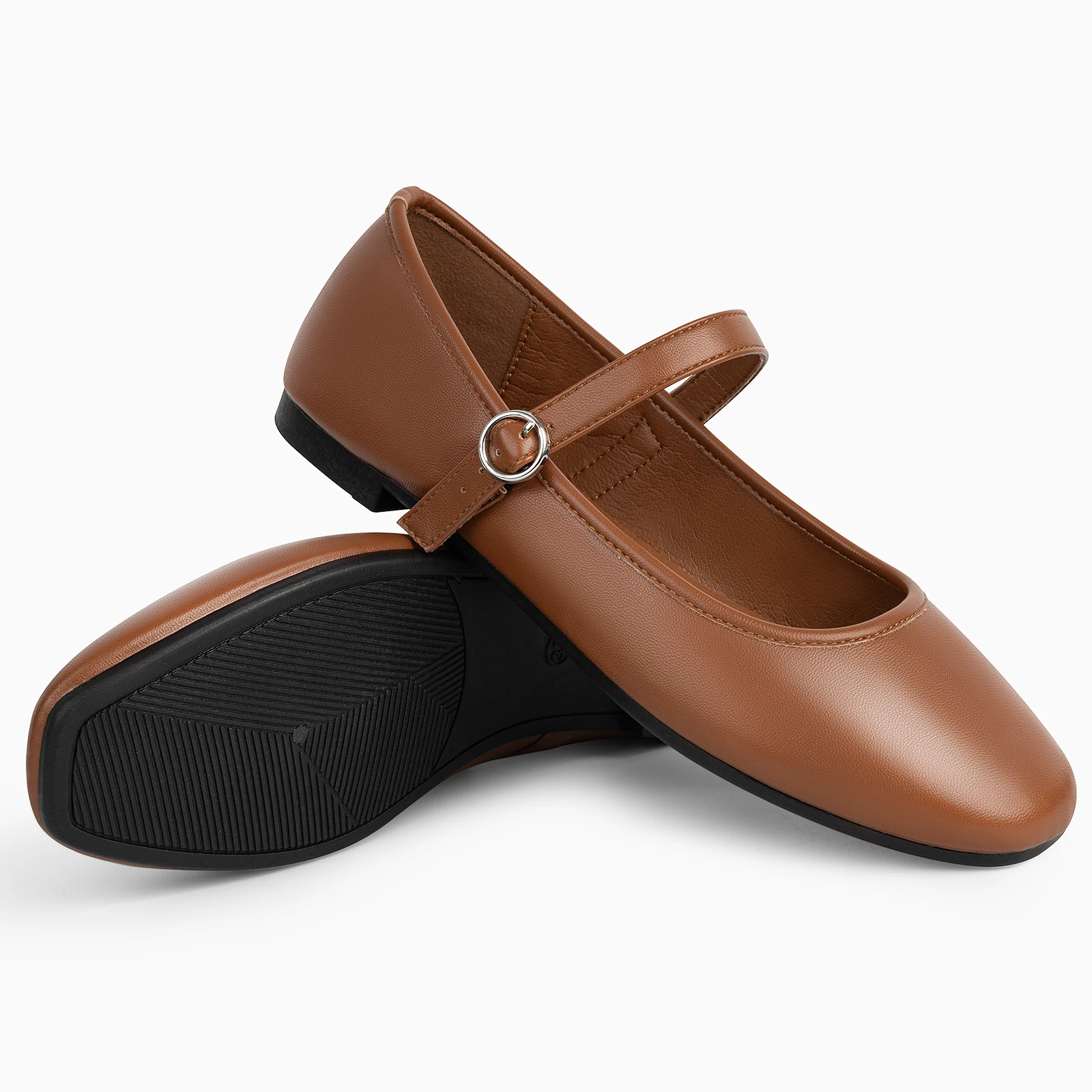 Women's square-toe single-strap flat shoes - adjustable buckle, stylish black and versatile brown.