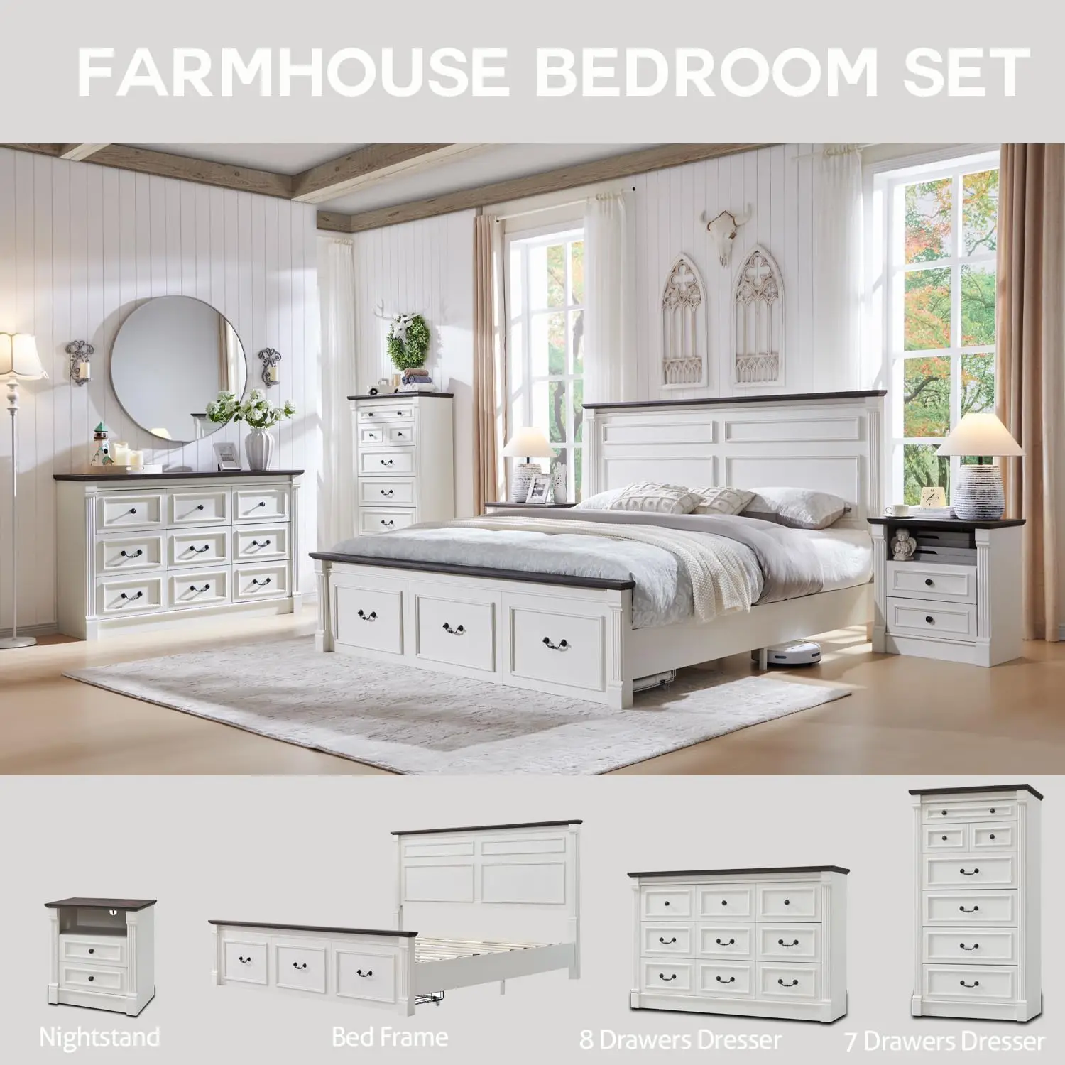 King Size Bed Frame with 51" Tall Headboard, Wood Platform Bed Frame with 20" Tall Roman Column Decoration Footboard (White) 6