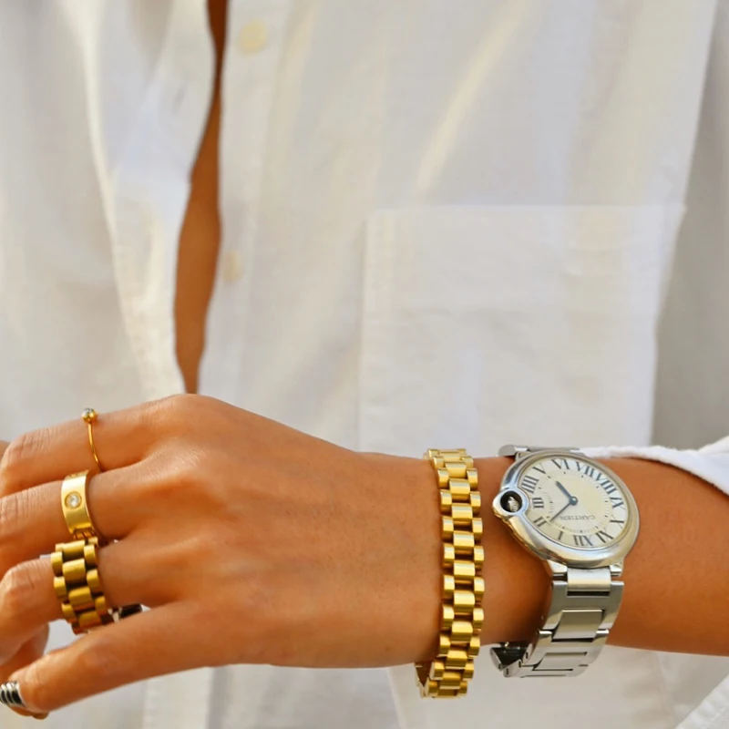 Peri'sbox Solid Gold Color Bold Heavy Thick Bangle for Women Classic Wide Link Chain Strap Stackable Bangle Stainless Steel bangle bracelet,stainless steel bracelet,chain bracelet