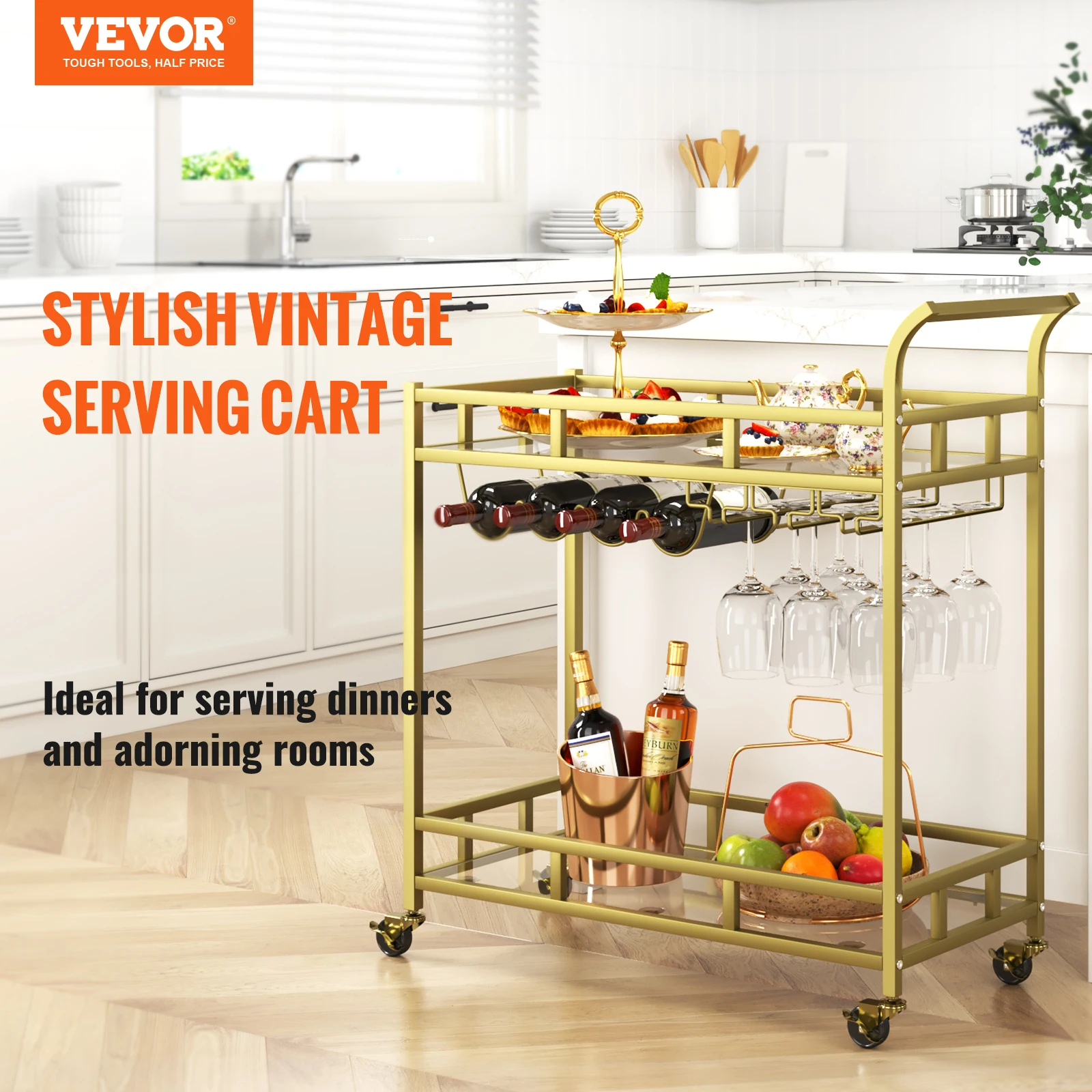 VEVOR Metal Bar Serving Cart Golden Steel Rolling Trolley On Lockable Wheels Mobile Utility with Wine Rack Tempered Glass Holder storage rack rolling storage cart