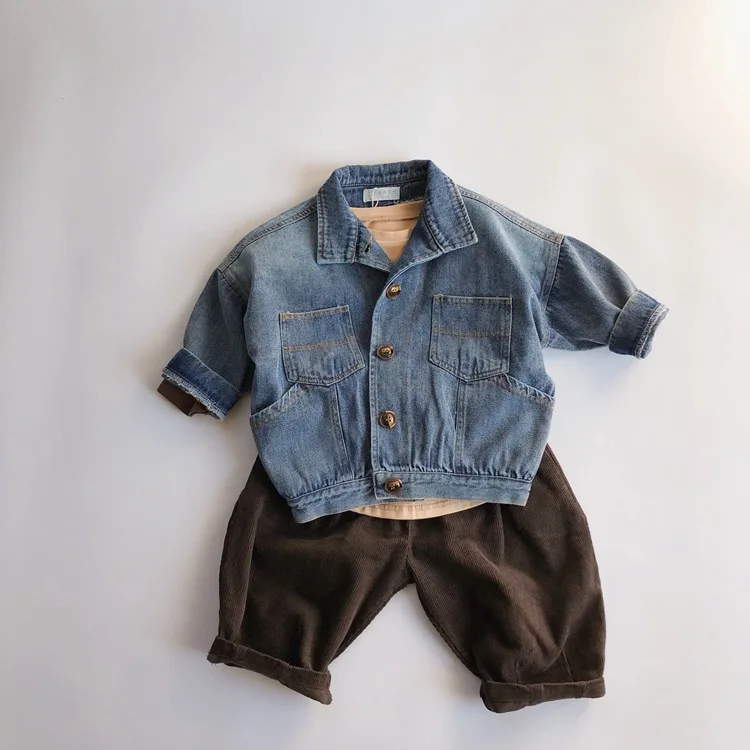 Childrens Boys Denim Jacket Spring Autumn Korean Bat Sleeve Loose Toddler Boys Cardigan Turndown Collar Kids Outerwears