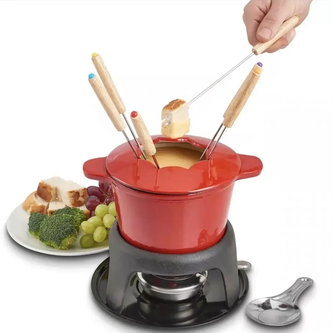 

Cast Iron Fondue with Enamel Chocolate Cheese Melting Pot Cast Iron Fondue Cheese Warming Hot Pot Enameled Cookware