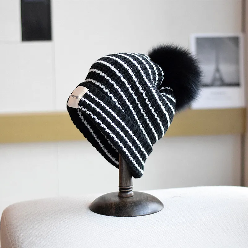 

New Winter Striped Big Head Knitted Hat Real fox Fur Pompom Hat Female Fashion Casual Warm Beanie Ear Protect Hat Woolen Hat