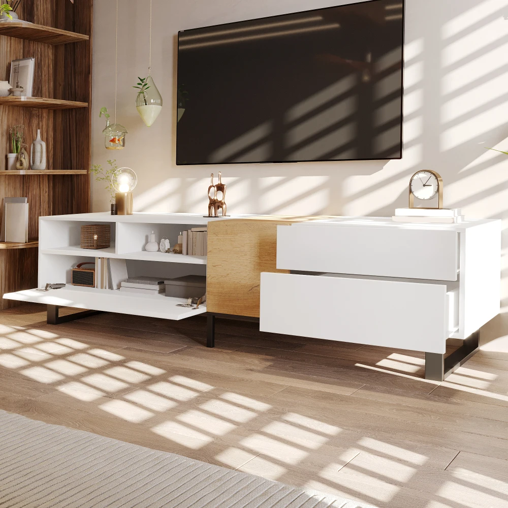 PINGGO Moderner TV-Schrank 180x50x38cm, minimalistisches Design, weiß und Holzoptik, Entertainment-Center für das Wohnzimmer – Detail 6