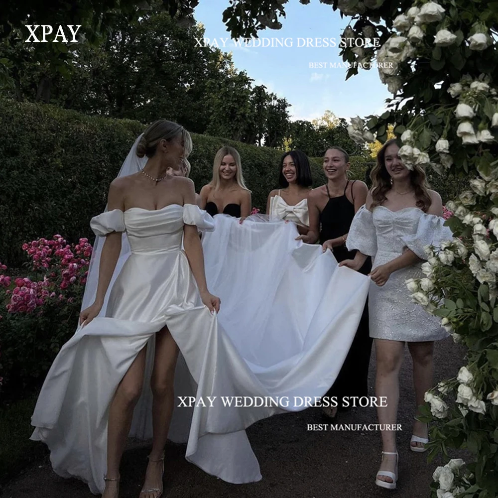 

XPAY Sexy Satin Wedding Dresses Puff Short Sleeves Strapless Split Dubai Arabia Bride Gowns Garden Bridal Dresses With Train