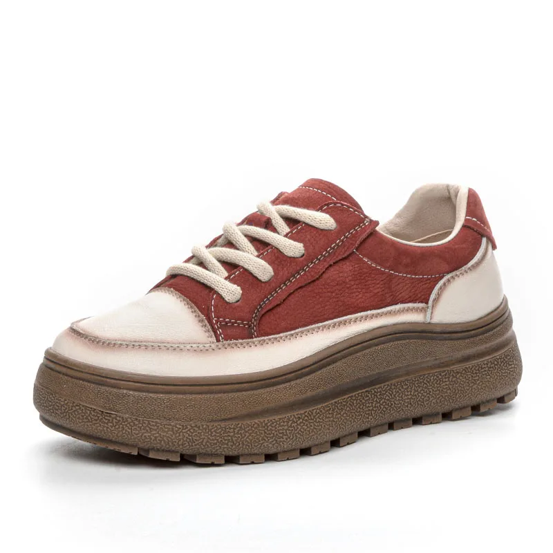 DRKANOL Fashion Mixed Colors Genuine Leather Casual Sneakers Women Thick Bottom Shoes Retro style Lace-Up Comfort Single Shoes 3
