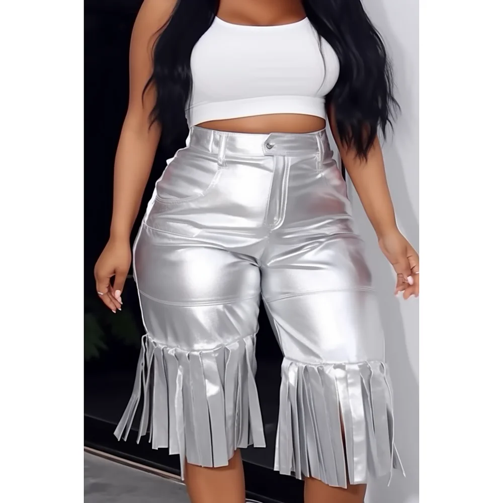 

Plus Size Daily Pant Silver Hight Waist Glitter Fringe Pants