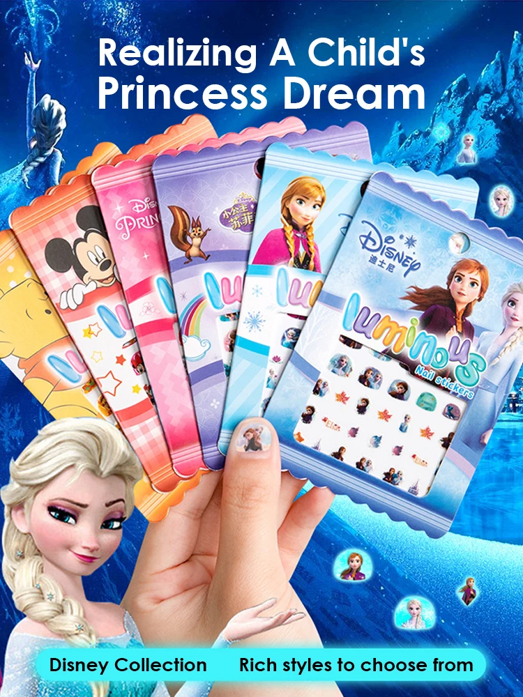 Disney Girls and Children's Nightglow Nail Stickers Ice and Snow Romance Princess Elsa Nail Stickers Cartoon Sticker Toys 5