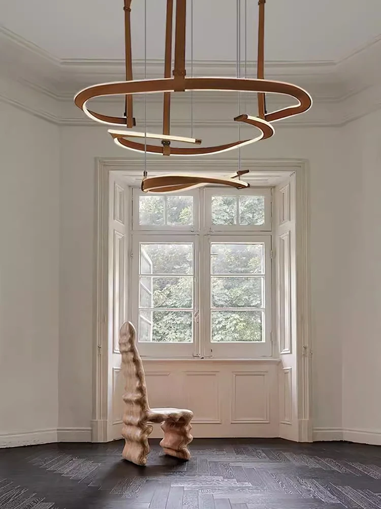 Brown Dark Leather Belt Dimmable LED Ceiling Chandelier Lighting Pendant Light Hanging Lamps Lustres for Dinning Room