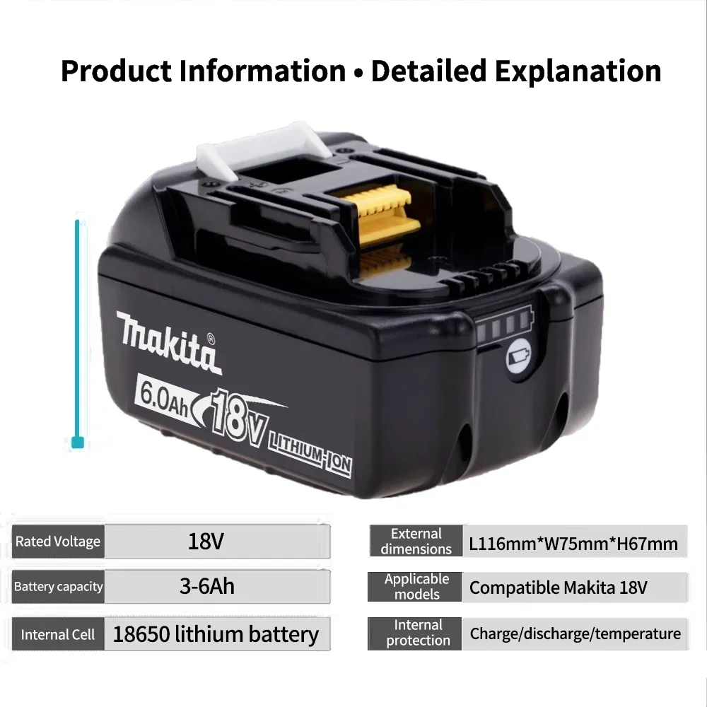 Power Tool Battery Rechargeable Battery Battery Replacement Original Makita18V 6Ah/5Ah/3Ah Battery BL1830B BL1850B BL1850BL1840 BL1860 BL1815 Replacement Lithium Battery for Makita 2600952 Original Makita18V 6Ah/5Ah/3Ah Battery BL1830B BL1850B BL1850BL1840 BL1860 BL1815 Replacement Lithium Battery for Makita