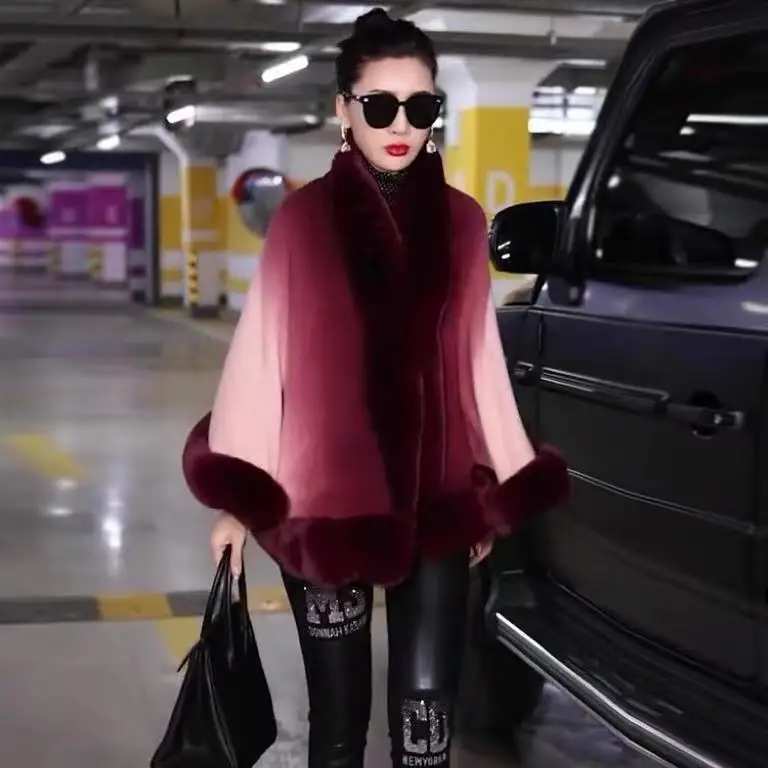 Autumn  Winter New Imitation Otter Rabbit Fur Collar Cardigan Gradient Color Cape  Women Knit  Poncho Lady Capes Khaki Cloak