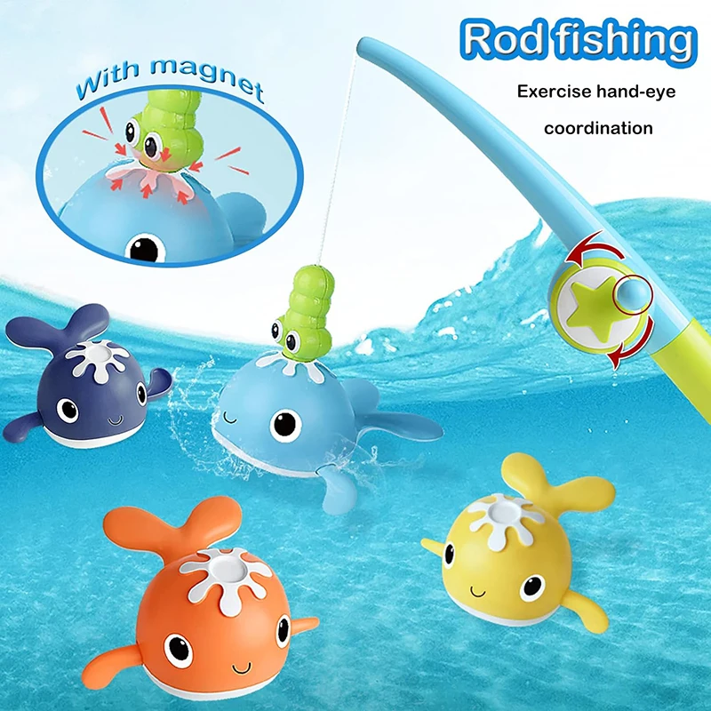 Baby Bath Fishing Toys Magnet Whales Bathtub Toy Fishing Games Kids Bathtub Floating Water Toys Pole Net Set Gift