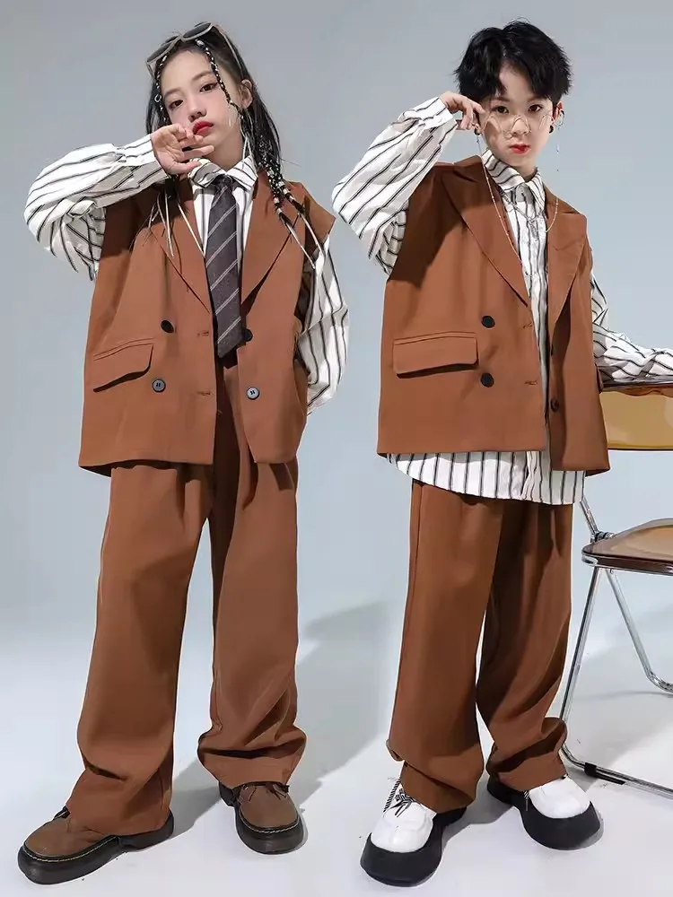 New Hip Hop Kids Clothes Brown Vest Pants Long Sleeves Shirts Boys Street Dance Breaking Performance Costume Girls Suit BL11850
