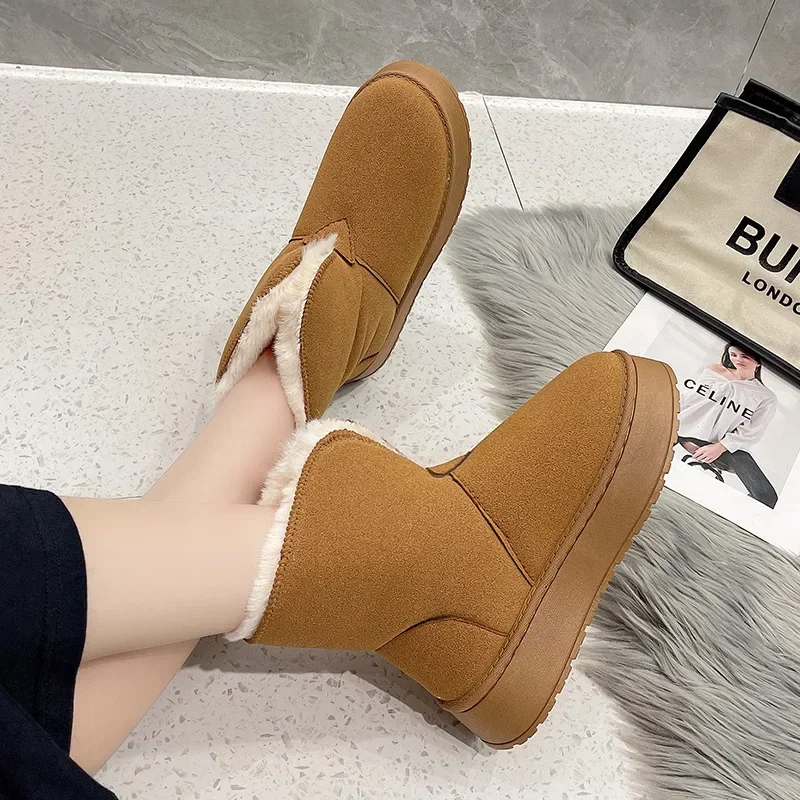 2024 Winter New Women's Plush Snow Boots Outdoors Baotou Slip-on Loafers Woman Faux Fur Flat Casual Warm Comfy Shoes Women
