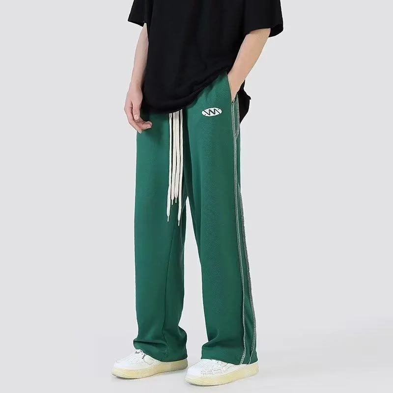 Korean Autumn New Trendy Loose Sports Wide Leg Pants Men Patchwork Side Stripe Pocket Elastic Waist Drawstring Straight Trousers