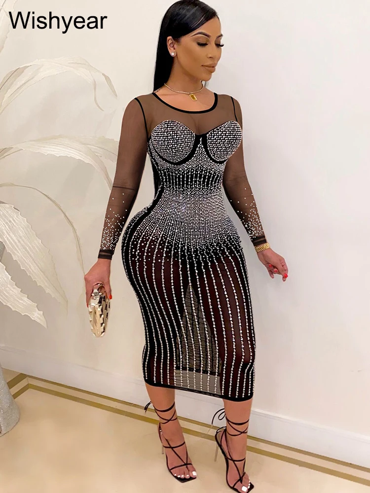 

Luxury Sheer Mesh See Through Diamonds Birthday Long Dress for Women Sexy Glittering Bodycon Night Club Party Festivals Outfits