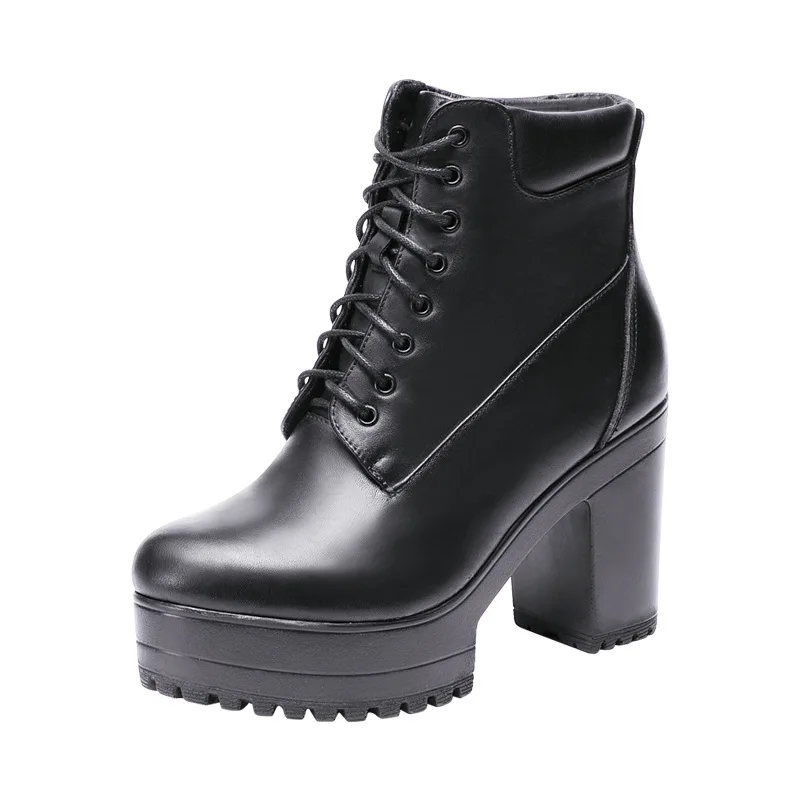 Women's Motorcycle Boots Genuine Leather Winter Ladies Plush Snow Boots Women Lace Ankle Boots Fashion Platform High Heel Shoes