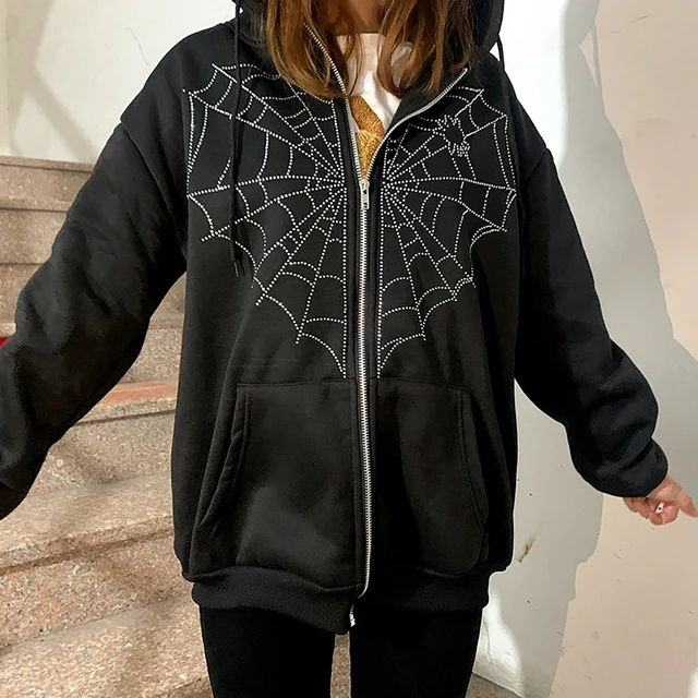 Rhinestone Heart Spider Web Print Gothic Hoodie Sweatshirt Women Loose  Zipper Jacket Streetwear Y2k Punk Oversized Clothing 2022 - Hoodies u0026  Sweatshirts - AliExpress