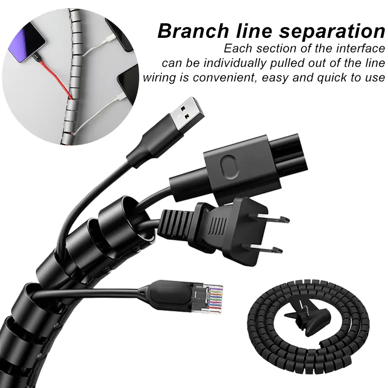 Black Cable Wire Protector Cable Organizer Management Pipe Flexible Wire Wrap Line Coiled Tube Office Cord Sleeve Cover 2M - Image 3