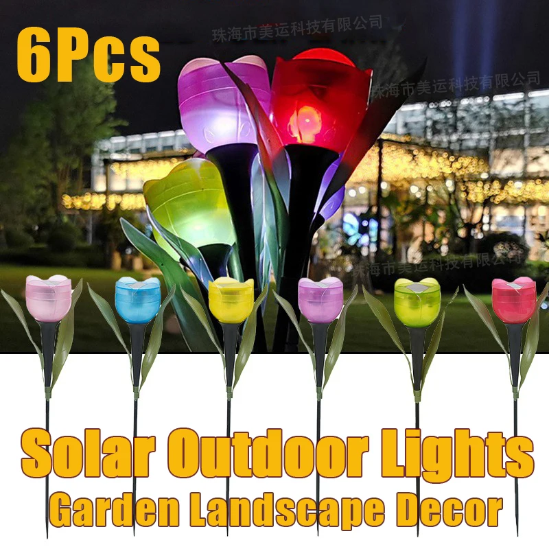6Pcs Solar Powered LED Tulip Flower Lights Outdoors Waterproof Garden Yard Path Way Color Lamp Lawn Christmas Holiday Decoration