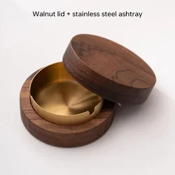Elegant Walnut Wood Desktop Ashtray with Lid - Stainless Steel Windproof Design (Gold -1Pcs)