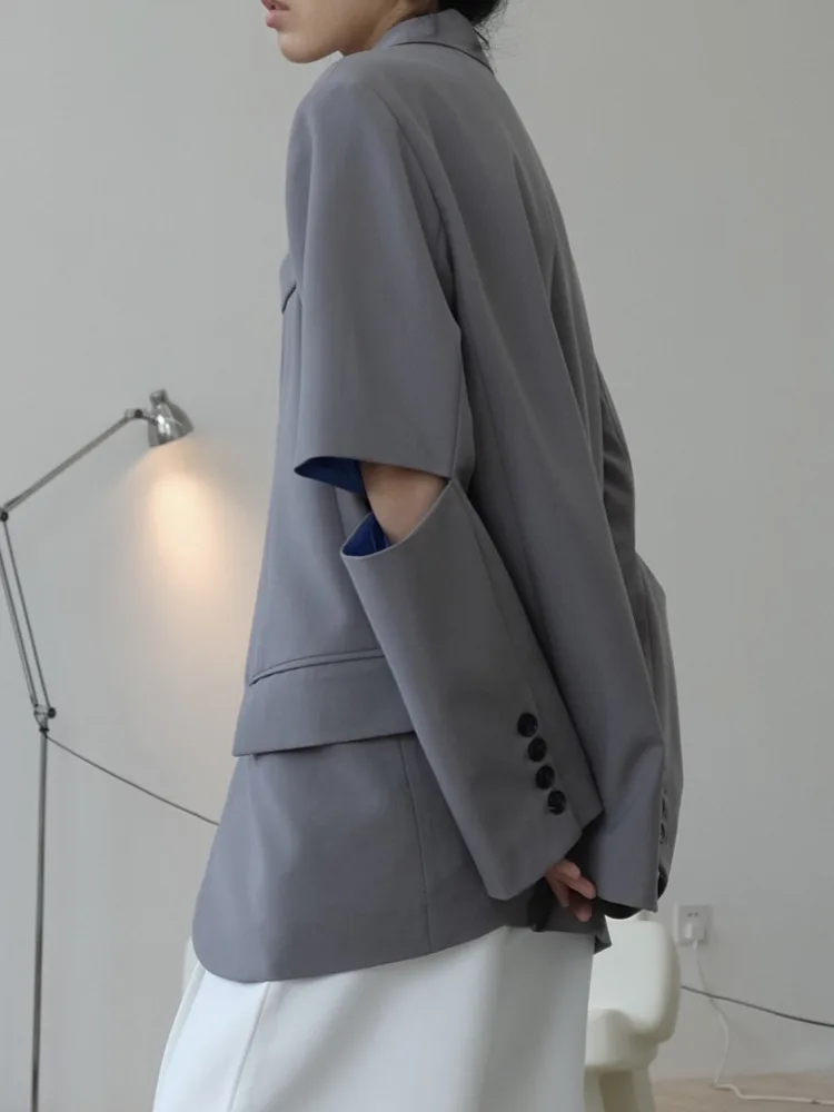 [LANMREM] Fashion Designer Split Spliced Black Blazer For Women Notched Single Breasted Loose Tide Jackets 2024 Spring New