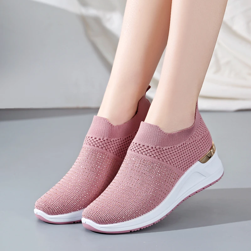 

solid med heel mesh sneakers for women2024new hot sale spring casual ladies shoes slip-on shallow rubber Women's Vulcanize Shoes