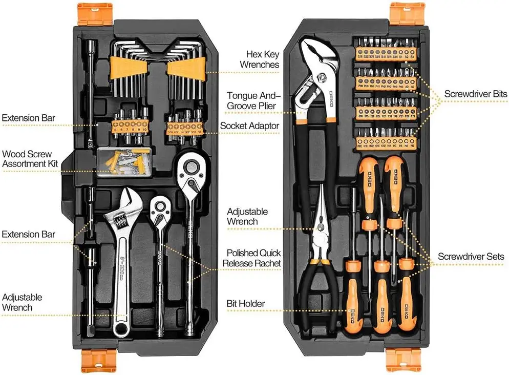 DEKO 192 Piece Mechanics Tool Set Socket Wrench Set, Plastic Storage Case with Auto Repair Hand Tool Kit Wrench Tool Box Set