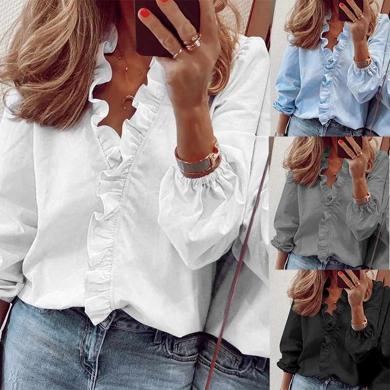 

Women's ruffle top Solid color casual loose fitting women's shirt 2024 Spring and Autumn women's plus size shirt