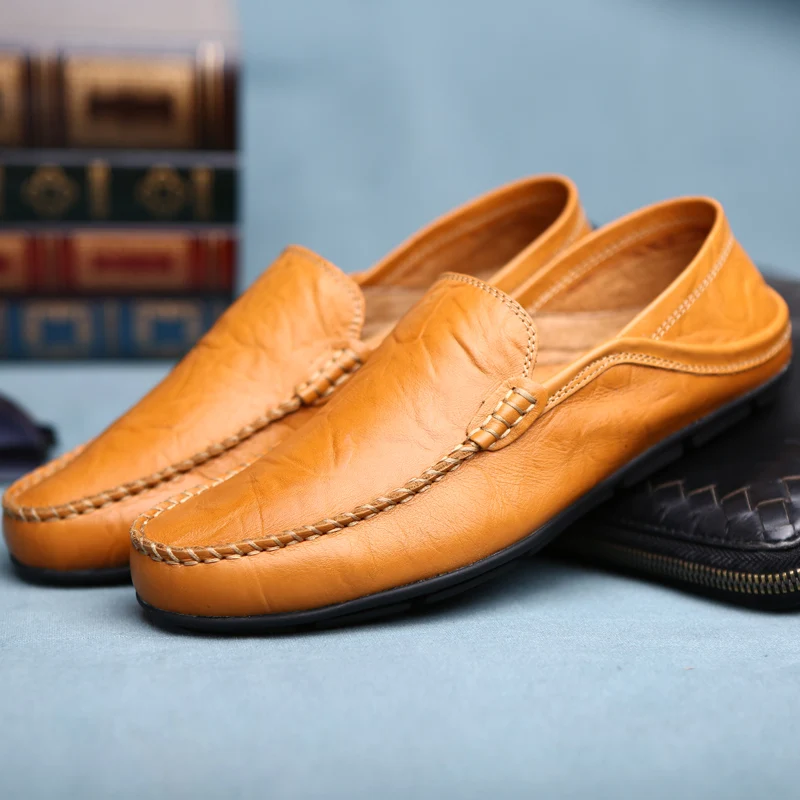 Men Leather Shoes Men Summer Loafers Slip on Business Casual Leather Shoes Classic Soft Moccasins Hombre Breathable Flats Shoes