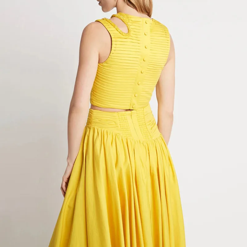 BPN Elegant Two Piece Sets For Women Round Neck Sleeveless Hollwo Out Tops High Waist A Line Skrits Solid Set Female Fashion New