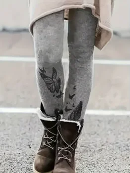 Women's Plus Size Casual Butterfly Printed Tight Leggings Spring and Autumn High Waisted Bottoms for Women's Long Pants