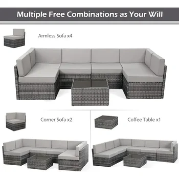 7-piece patio furniture set modular wicker outdoor sectional sofa PE rattan outdoor set with pillowtop cushions and coffee table 2