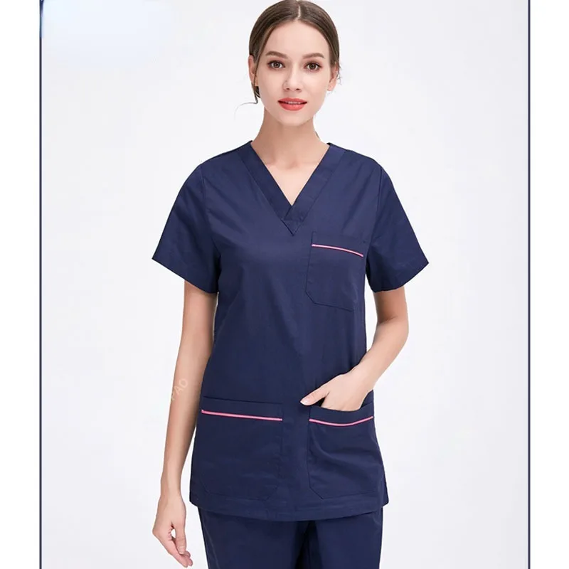 

High Quality Clearance Scrub Set Nurse Workwear Scrubs Nursing Uniforms V Neck Women Men Solid Color Doctor Working Suit Cheap