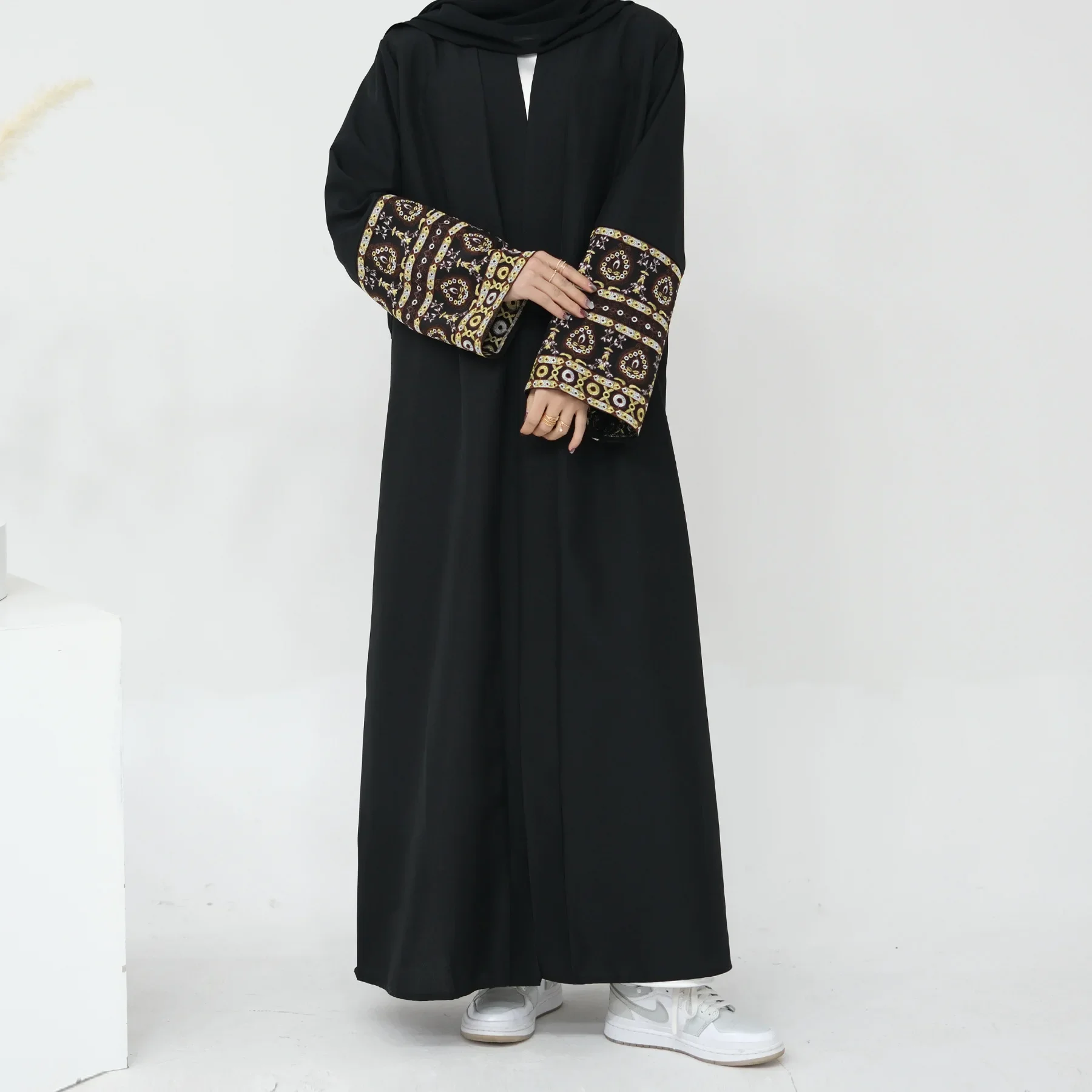 Embroidered Cotton Linen Abaya Kimono Muslim Hijab Dress Open Abayas for Women Dubai Turkey Saudi Kaftan Islamic Modest Clothing