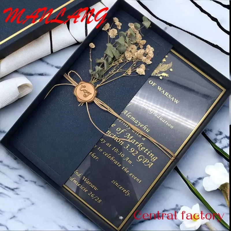 Custom  Custom 5*7 inches Gold Printed Luxury Acrylic Invitations Card Acrylic Wedding Invitation with Envelope/Box