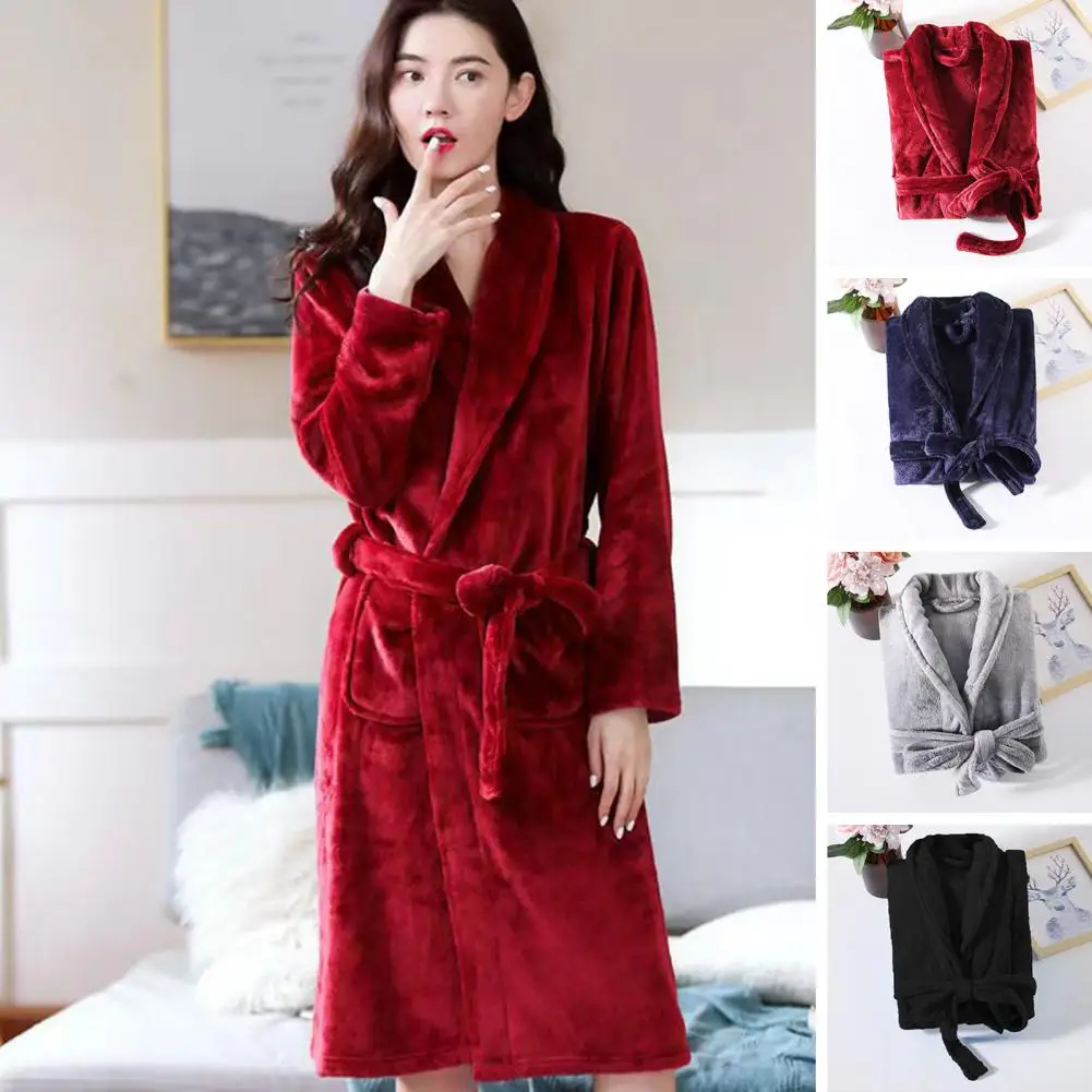 

Unisex Winter Bathrobe Thick Warm Great Water Absorbent Solid Color Lace Up Long Sleeve Cardigan Lapel Pockets Knee Length Night
