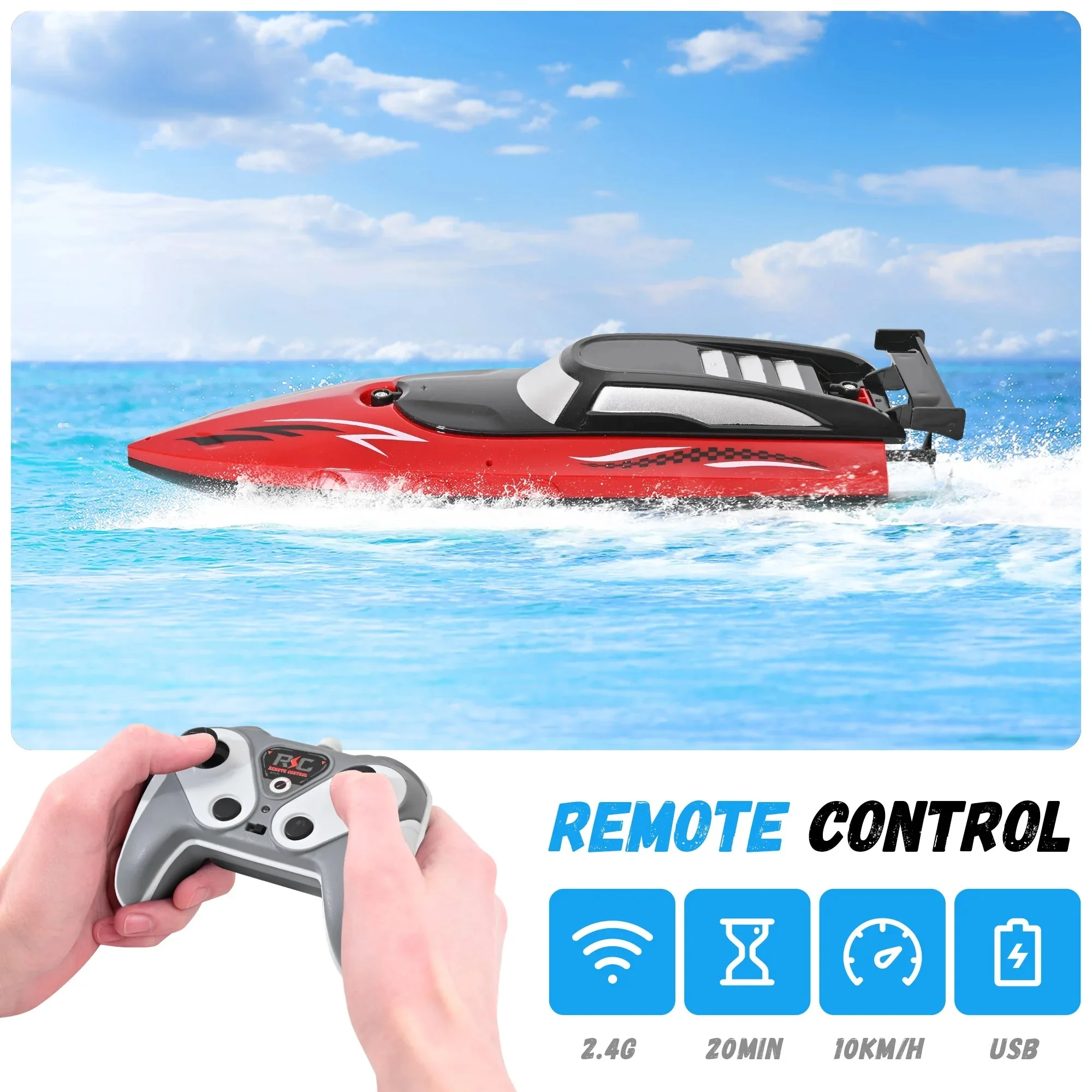 Bateau rapide radiocommandé avec batterie, parfait pour jeux dans la piscine.