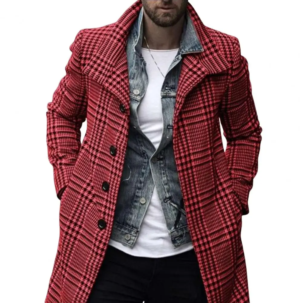 Trench Coat Casual Men Jacket Men Windbreaker Washable Checkered Single Breasted Medium Length Super Soft Men Trench Coat for Daily Wear