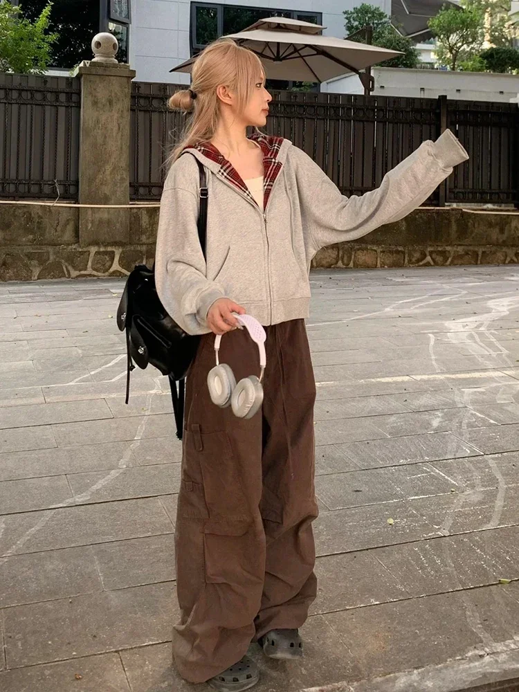 ADAgirl Vintage Plaid Patchwork Hoodies Women Gray 90s Retro